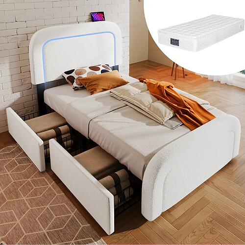Lit Simple 90x200 cm Modenvie LED USB avec tiroirs - Sherpa Blanc