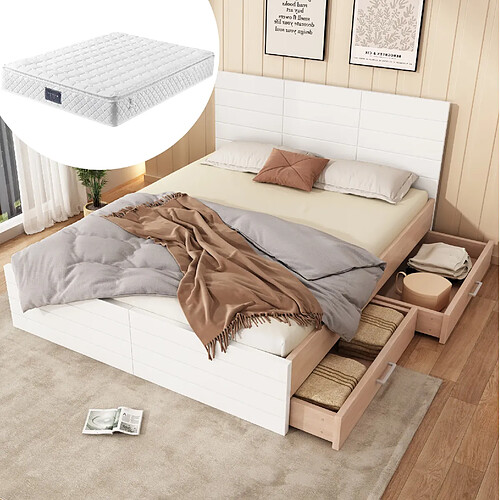 Lit Double 140x200 cm Modenvie rangement Blanc et Chene