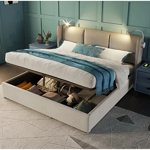 Lit Coffre 160x200 cm Modenvie rangement relevable USB Beige