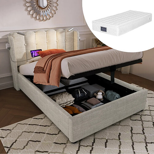 Lit Coffre 90x200 cm - Modenvie - USB et liseuse - Lin - Beige