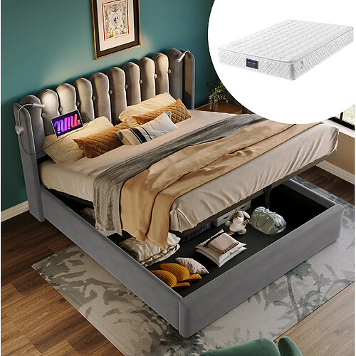 Lit Coffre 140x200 cm Modenvie rangement LED USB Velours Gris sans matelas