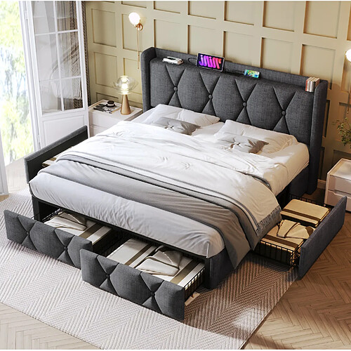 Lit Coffre 160x200 cm Modenvie rangement 4 tiroirs USB Gris