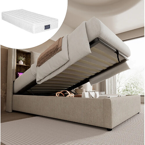 Lit Coffre 90x200 cm Modenvie rangement USB Naturel