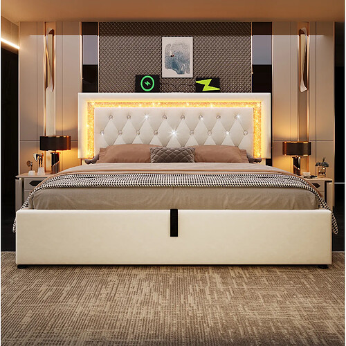 Lit Coffre 140x200 cm Modenvie LED USB Beige