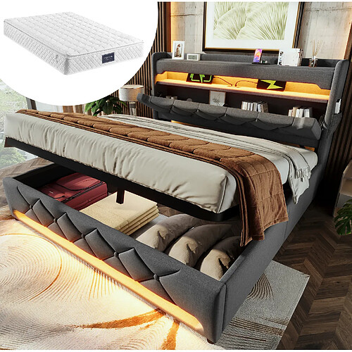 Lit Coffre 140x200 cm avec Matelas - Modenvie - LED et USB - Gris