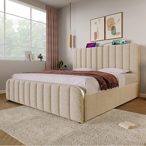 Lit Coffre Modenvie 180x200 cm - rangement hydraulique USB Type C Beige