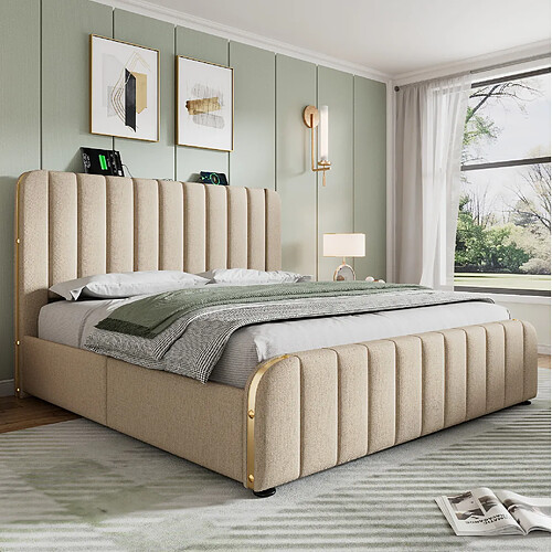 Lit Double Modenvie 140x200 cm avec 4 tiroirs, USB et USB-C - Beige