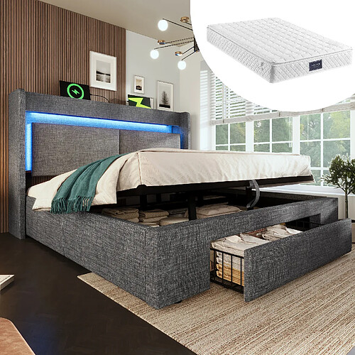 Lit Coffre 160x200 cm Modenvie LED USB Gris
