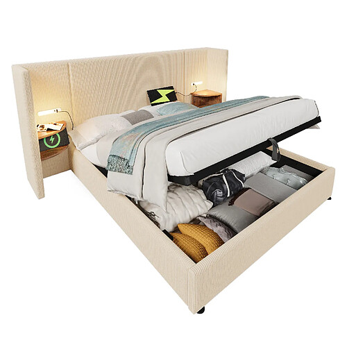 MIVRAY Lit coffre adulte 180x200 cm, lampe de lecture et USB, velours côtelé, beige