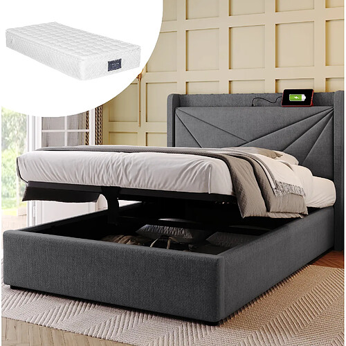 Lit Coffre Modenvie 90x200 cm - rangement USB Type-C - Gris