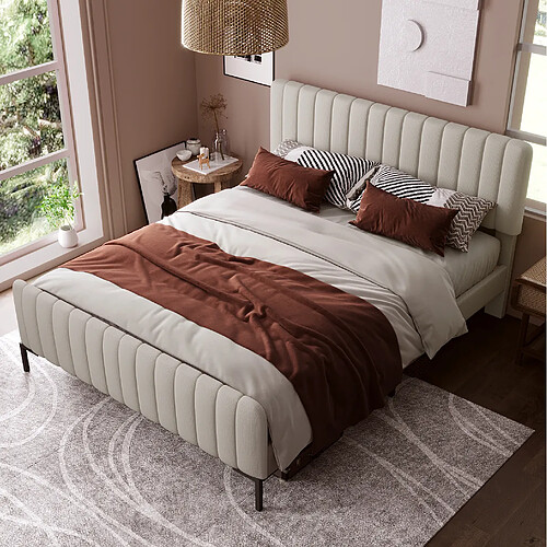 Lit Double 180x200 cm - Modenvie - tete de lit reglable - Lin - Gris Beige