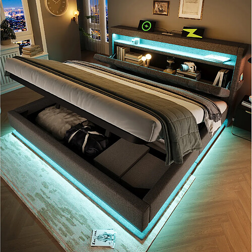 Lit Coffre Double 180x200 cm Modenvie avec LED et USB en lin gris