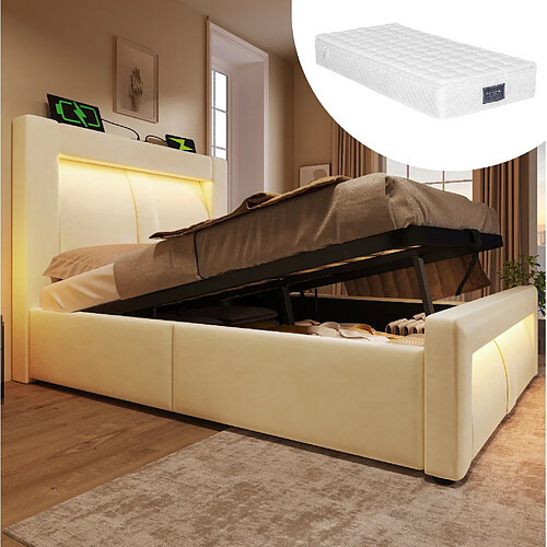 Lit Coffre 90x200 cm Modenvie rangement hydraulique LED Beige