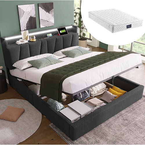 Lit Coffre 160x200 cm Modenvie rangement LED USB Gris