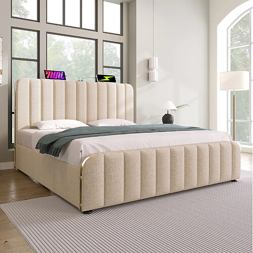 Lit Coffre 140x200 cm Modenvie rangement hydraulique USB Type-C Beige