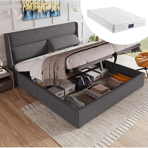 Lit Coffre 160x200 cm Modenvie - rangement hydraulique - Gris sans matelas