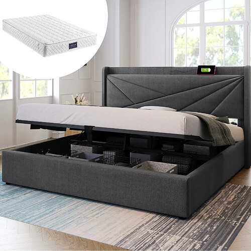 Lit Coffre 140x200 cm Modenvie USB-C rangement Gris