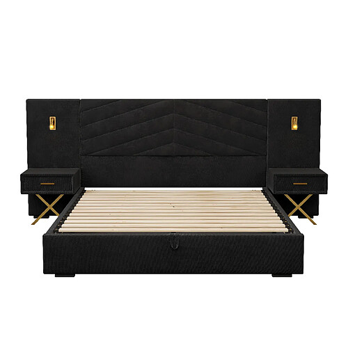 MIVRAY Lit coffre 160x200 cm Lit double, Tête de lit large, bois, velours noir