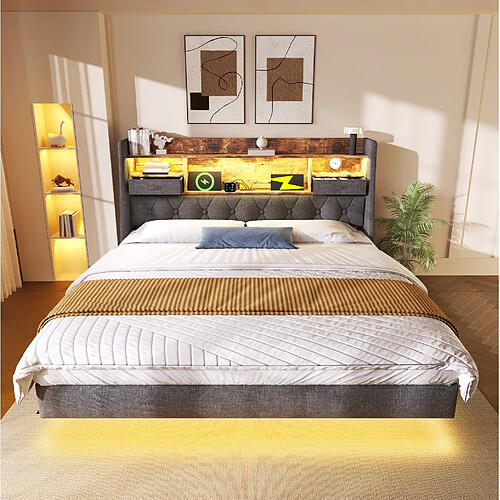 Lit Double 160x200 cm Modenvie LED, USB, rangement tête de lit, lin gris