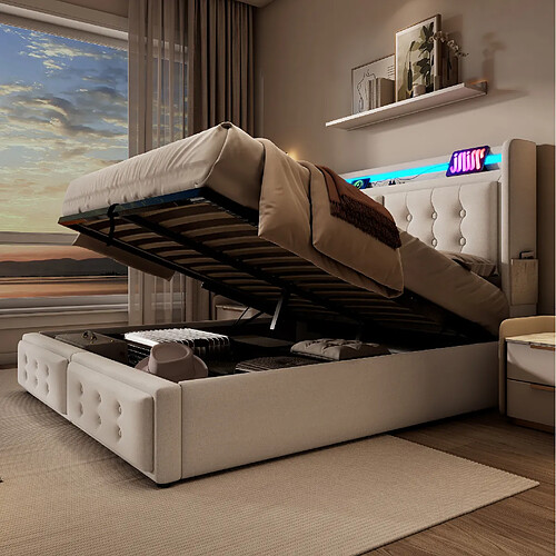 Lit Coffre 140x200 cm - Modenvie - rangement hydraulique - Beige