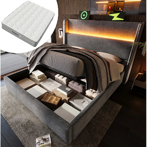 Lit Coffre 160x200 cm Modenvie LED USB Type C Gris avec matelas