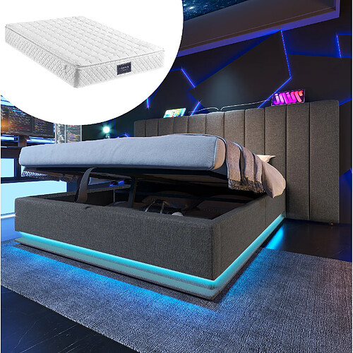 Lit Coffre 160x200 cm Modenvie rangement hydraulique LED USB-C Gris sans matelas