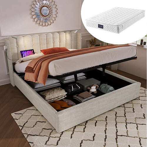 Lit Coffre 140x200 cm Modenvie LED USB rangement Beige