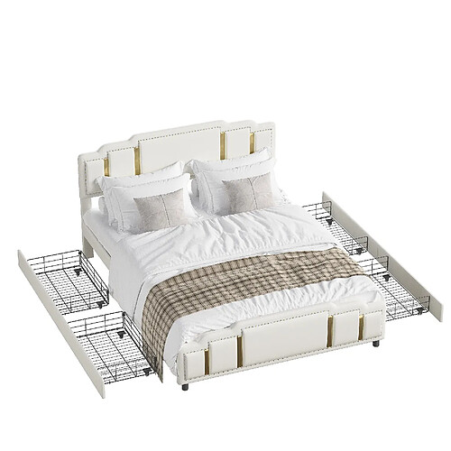 MIVRAY Lit coffre 160x200 cm, éclairage LED et tiroirs, velours beige