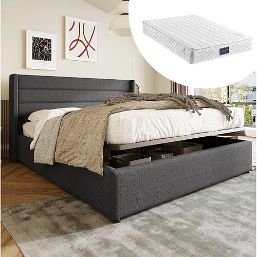 Lit Coffre Modenvie 140x200 cm - rangement hydraulique - Gris