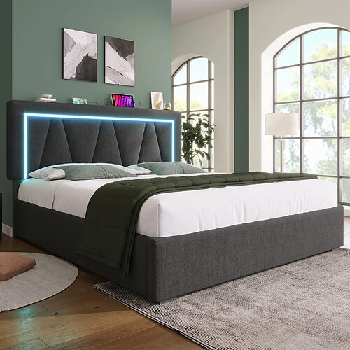 Lit Coffre 160x200 cm - Modenvie - LED et USB - Gris