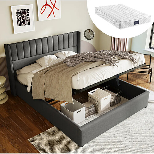 Lit Coffre 160x200 cm Modenvie rangement hydraulique Lin Gris avec matelas