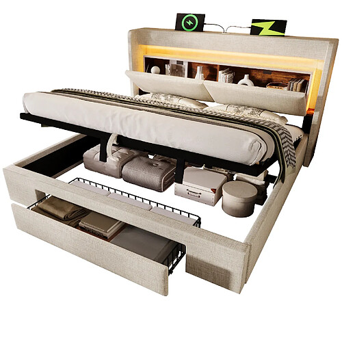 Lit Coffre 140x200 cm Modenvie rangement hydraulique LED Beige