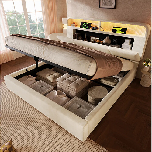 Lit Coffre Modenvie 140x200 cm - LED - USB - Beige avec matelas