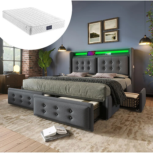 Lit Coffre 160x200 cm Modenvie rangement LED USB avec 4 tiroirs Gris