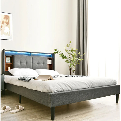 Lit Coffre Modenvie 140x200 cm LED USB rangement Gris