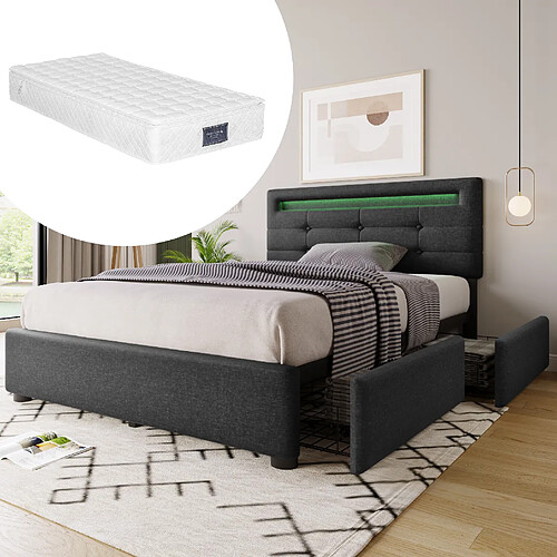 Lit simple 90x200 cm Modenvie avec LED et 2 tiroirs en lin gris