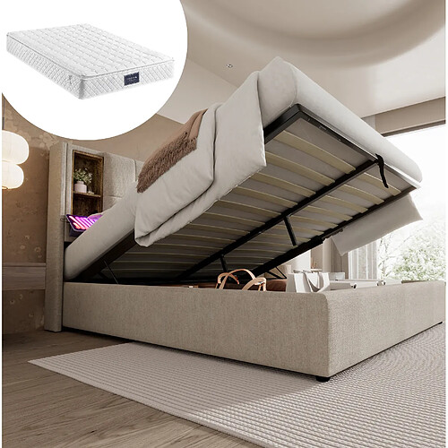 Lit Coffre 140x200 cm - Modenvie - rangement avec recharge sans fil et USB - Lin - Naturel