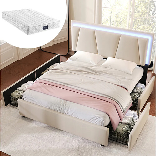 Lit Coffre 140x200 cm Modenvie LED et 4 tiroirs Beige