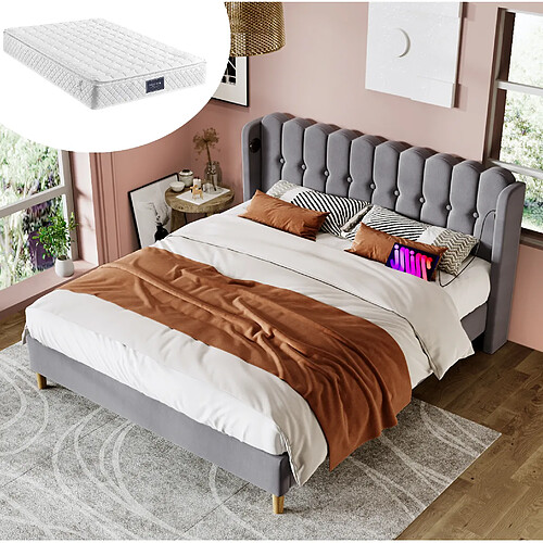 Lit Double 140x200 cm Modenvie USB USB-C Lin Gris