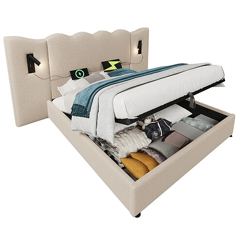 MIVRAY Lit coffre adulte 160x200 cm avec lampe de lecture et USB C, lin beige