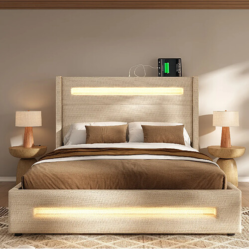 Lit Coffre Double 140x200 cm Modenvie avec LED et USB-C tissu effet lin Beige