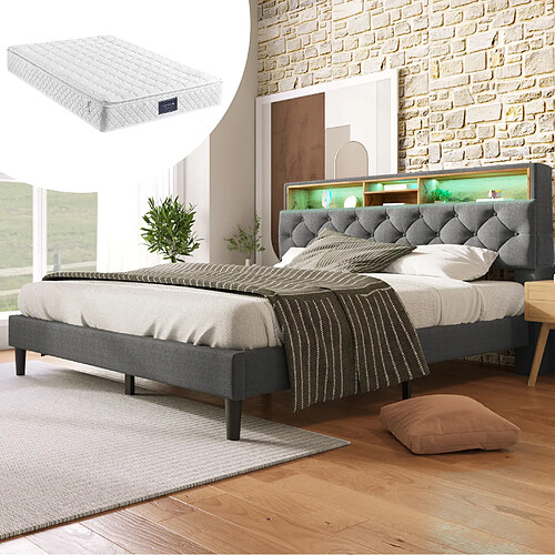 Lit Double Modenvie 140x200 cm avec rangement tête de lit et LED gris