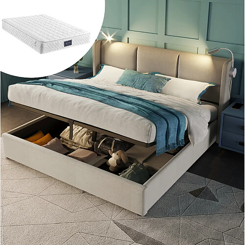 Lit Coffre Double Modenvie 140x200 cm avec LED et USB Beige