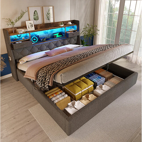 Lit Coffre 160x200 Modenvie LED USB Gris avec matelas