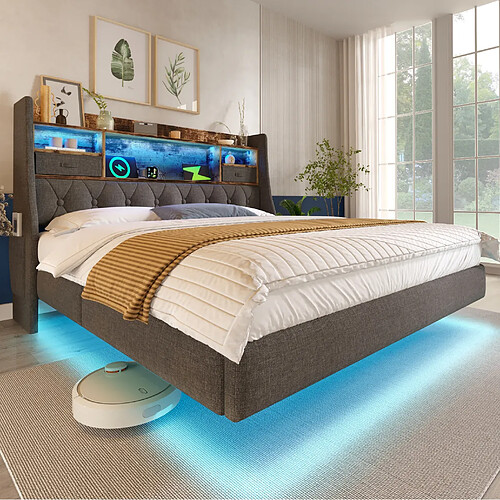 Lit Coffre 160x200 cm Modenvie LED USB rangement lin gris