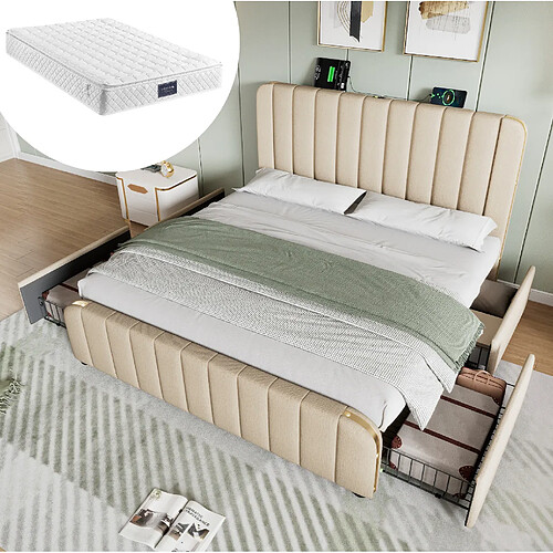 Lit Coffre 140x200 cm Modenvie USB et 4 tiroirs Lin Beige