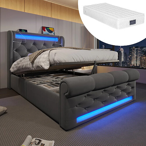 Lit Coffre Modenvie 90x200 cm LED USB en velours gris