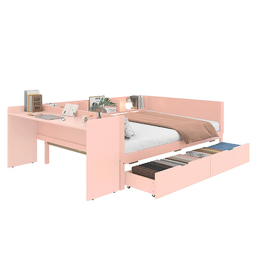 MIVRAY Lit adulte 140x200 cm avec bureau et tiroirs, bois, rose