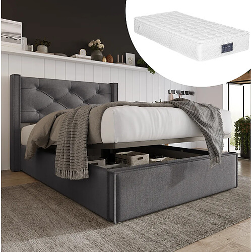 Lit Coffre 90x200 cm - Modenvie - rangement avec sommier relevable - Gris