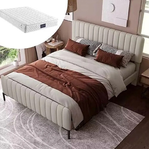 Lit Double 160x200 cm Modenvie tete de lit reglable Lin Gris Beige